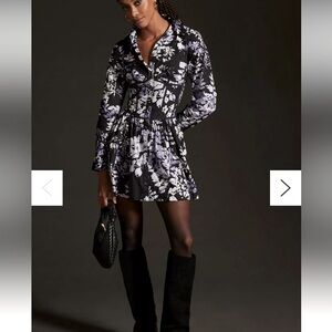 Anthropologie Corset Mini Shirt Dress - Black/White/Purple Floral long sleeve